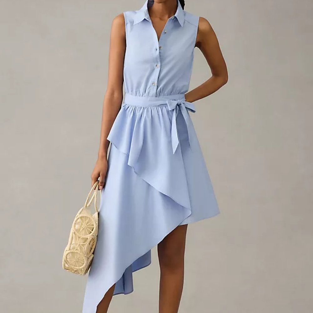 Sleeveless Asymmetrical Shirt Dress in Light Blue